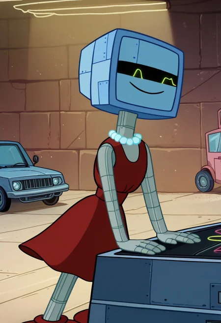 score_9, score_8_up, score_7_up BREAK, KarenSB, 1girl, robot girl, metal body, blue computer head, black screen, wheels, pearl necklace, sleeveless red dress, neon green led smiling face,
