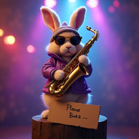 A cute bunny playing the saxophone up on a high pedestal, wearing a beanie, shades, a purple sparkling jacket, disco lights, photorealistic, a cardboard sign that says "Please Buzz...", colourful, epic, cinematic shot,