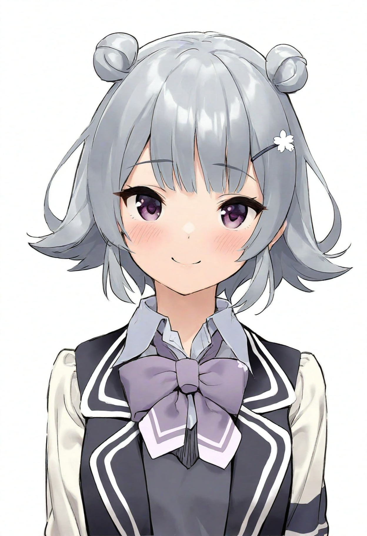 high definition, amazing quality, very aesthetic, best quality, masterpiece, highres, 
1girl, solo,
<lora:koharu_rikka_character_NoobAI_v2:1> koharu rikka, grey hair, short hair, double bun, purple eyes, 
school uniform, upper body, looking at viewer, smile,