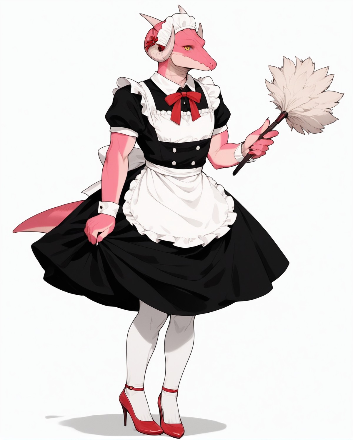 score_9, score_8_up, score_7_up, score_6_up, score_5_up, score_4_up,
(Masterpiece), (Best Quality), (Hi Res),
source_furry,
<1boy:1.5>,
<solo:1.5>,
<pink skin:1.5>,
<pink body:1.5>,
vincent_falnail, falchan, greyscale, 1boy, male focus, solo, yellow eyes, horns, furry male, furry, simple background, white background,
lipstick,makeup,ribbon,nostrils,dragon,
legs,sexy legs,muscular legs,heels,red heels,
<full body:1.5>,
<body focus:1.5>,
<simple background:1.5>,
<white  background:1.5>,
<lora:Vincent_Falnail:1> vincent_falnail,
 <lora:90s4n1m3XLP:1> 90s4n1m3, maid,
maid outfit,
skirt,
stockings,
white stockings,
featherduster,
cleaning,
bonnet,
headwear,
kitchen,
