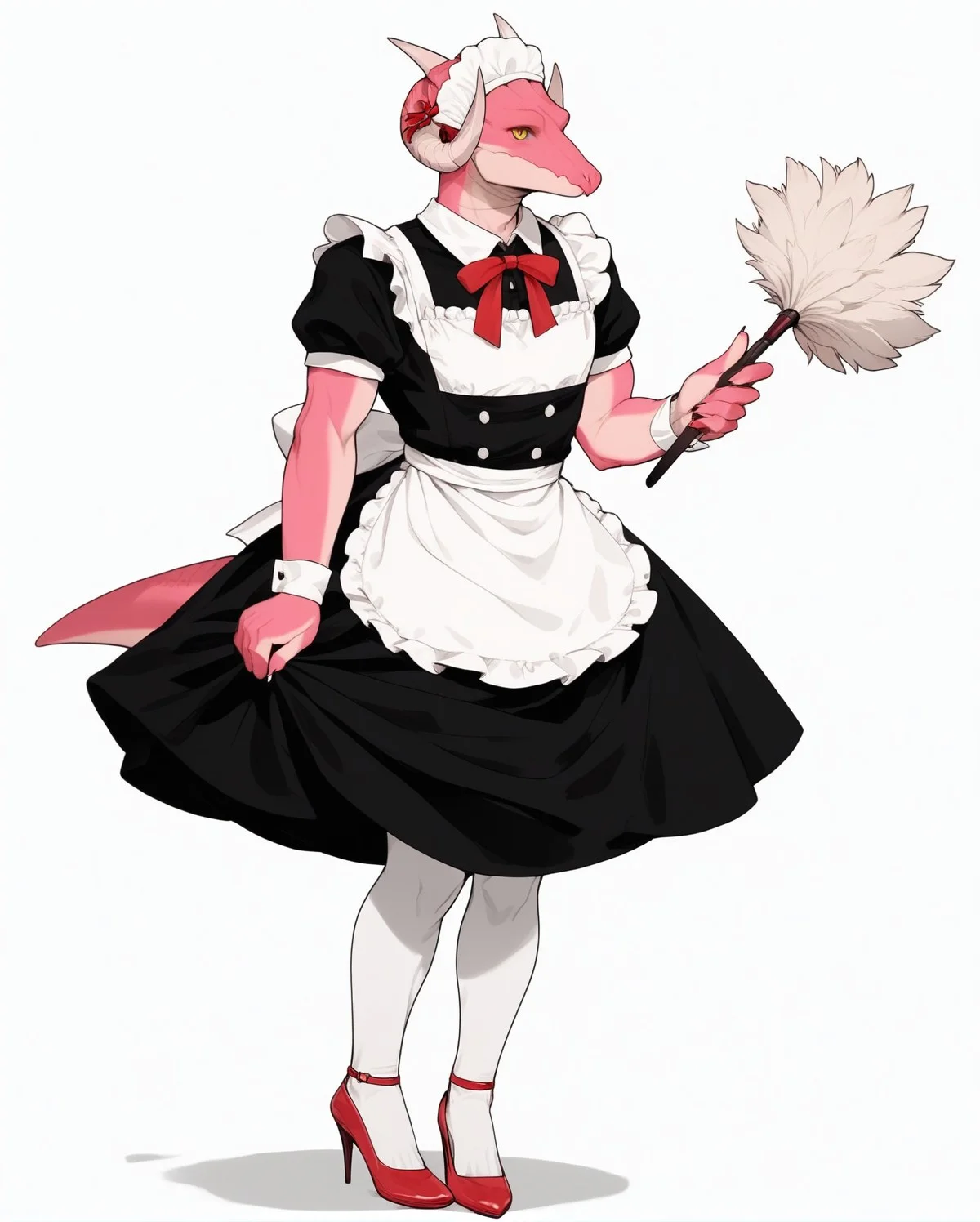 score_9, score_8_up, score_7_up, score_6_up, score_5_up, score_4_up,
(Masterpiece), (Best Quality), (Hi Res),
source_furry,
<1boy:1.5>,
<solo:1.5>,
<pink skin:1.5>,
<pink body:1.5>,
vincent_falnail, falchan, greyscale, 1boy, male focus, solo, yellow eyes, horns, furry male, furry, simple background, white background,
lipstick,makeup,ribbon,nostrils,dragon,
legs,sexy legs,muscular legs,heels,red heels,
<full body:1.5>,
<body focus:1.5>,
<simple background:1.5>,
<white background:1.5>,
<lora:Vincent_Falnail:1> vincent_falnail,
<lora:90s4n1m3XLP:1> 90s4n1m3, maid,
maid outfit,
skirt,
stockings,
white stockings,
featherduster,
cleaning,
bonnet,
headwear,
kitchen,