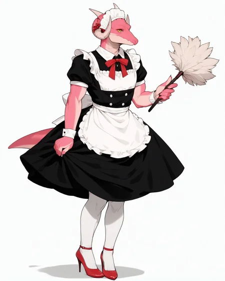 score_9, score_8_up, score_7_up, score_6_up, score_5_up, score_4_up,
(Masterpiece), (Best Quality), (Hi Res),
source_furry,
<1boy:1.5>,
<solo:1.5>,
<pink skin:1.5>,
<pink body:1.5>,
vincent_falnail, falchan, greyscale, 1boy, male focus, solo, yellow eyes, horns, furry male, furry, simple background, white background,
lipstick,makeup,ribbon,nostrils,dragon,
legs,sexy legs,muscular legs,heels,red heels,
<full body:1.5>,
<body focus:1.5>,
<simple background:1.5>,
<white background:1.5>,
<lora:Vincent_Falnail:1> vincent_falnail,
<lora:90s4n1m3XLP:1> 90s4n1m3, maid,
maid outfit,
skirt,
stockings,
white stockings,
featherduster,
cleaning,
bonnet,
headwear,
kitchen,