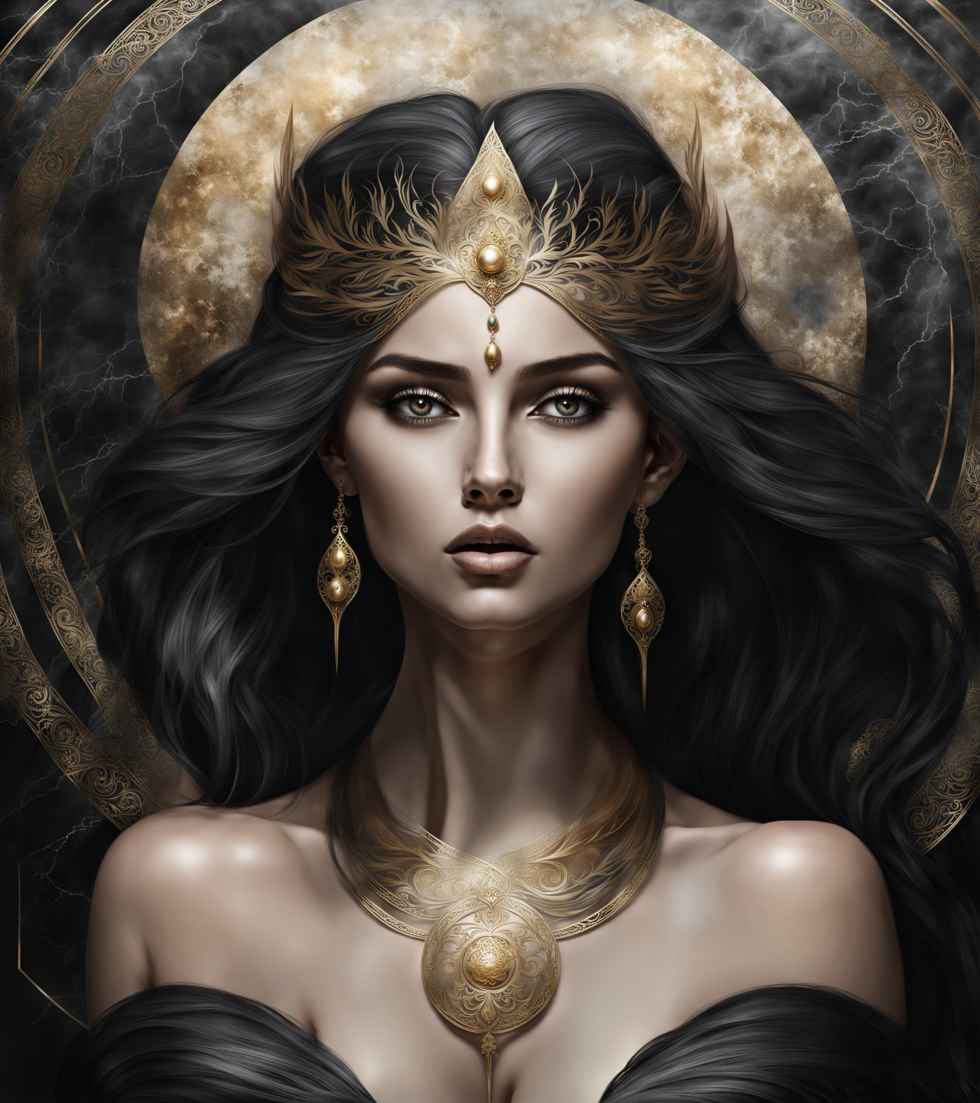 Create a full-length portrait of Gaia, the Mother Earth, born from chaos. Her face radiates timeless wisdom and deep sensuality. Her golden eyes resemble clear, tranquil lakes reflecting the sunlight. Her lips display a gentle, cruel smile, and her hair, tied up, consists of dark, long, flowing strands that sway gently in the wind. Their skin has the color of dark coal earth, with a slightly bark structure. She stands relaxed, leaning against a black marble pillar with bare feet in the center of heaven, surrounded by a hall carved from black marble. She holding the war axe Elysium's Ruin in her hand. Overall, the image exudes a sense of infinite calm and strength, highlighting the power and majesty of Gaia. There is a misty or smoky atmosphere around her, giving the picture a mystical element. The picture is painted in a monochromatic scheme, mainly with shades of black, white and gold.