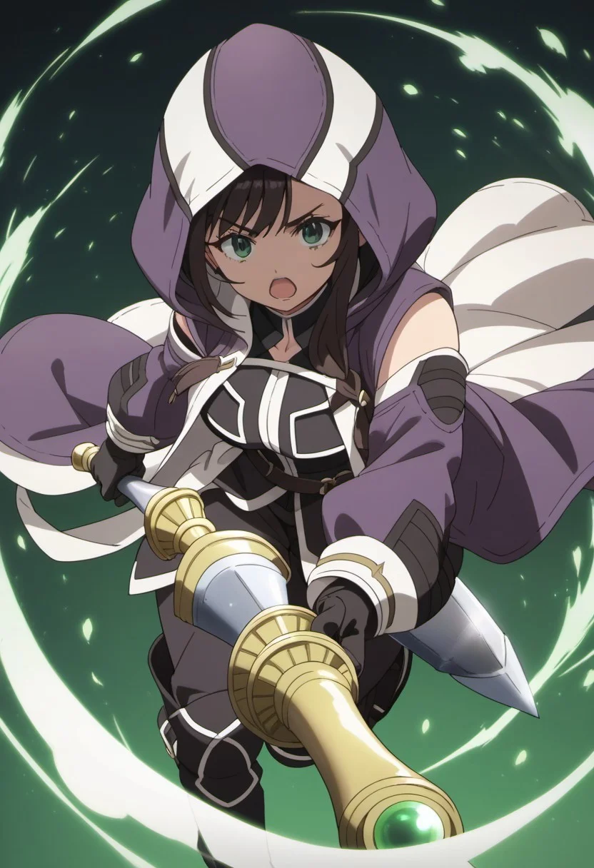 score_9, score_8_up, score_7_up, source_anime, clover alina, dark brown hair, green eyes, long hair, 1girl, solo, weapon, holding, gloves, hood, holding weapon, open mouth, black gloves, huge weapon, two-handed, hood up, looking at viewer