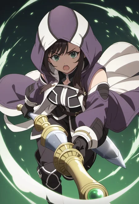 score_9, score_8_up, score_7_up, source_anime, clover alina, dark brown hair, green eyes, long hair, 1girl, solo, weapon, holding, gloves, hood, holding weapon, open mouth, black gloves, huge weapon, two-handed, hood up, looking at viewer