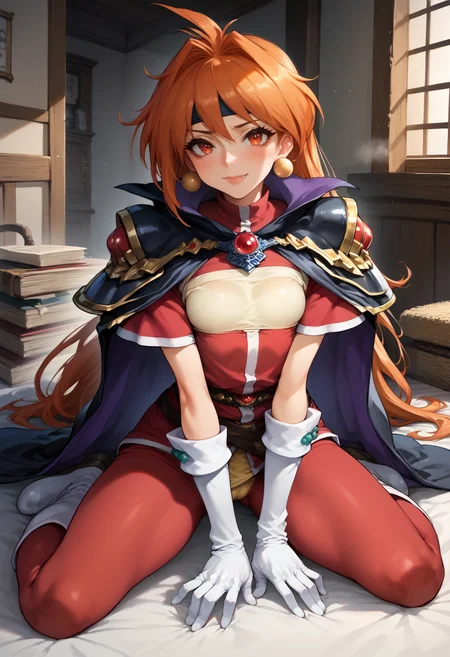 score_9, score_8_up, score_7_up, source_anime, rating_explicit, solo, fantasy, medieval, horny, (blushing:1.4), pleasure, steam, bedroom, embarrassed, seductive pose, hands on breasts, cameltoe, BREAK
1girl, solo headband, orange hair, long hair, yellow trim, white footwear, white gloves, white trim, brooch, red pants, fang, cape,  BREAK
<lora:sd_xl_dpo_lora_v1:1><lora:Expressive_H:1> <lora:Sadamoto Yoshiyuki_XL_PONY:.3> <lora:s0mXLP:.25> <lora:[GP]Thicc Style XL:.35> <lora:IshikePony:.3>  <lora:PLM 0.2v:.5> <lora:Lina PDXL:1>