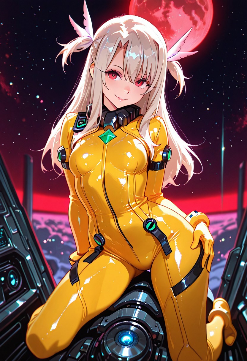 snegovski_style, CHAjott64_Style, hunn1bunn1 art style, (((illyasviel_von_einzbern)),1girl, full body, 1girl, solo female, mature female, full body, contrapposto,) (silver hair, red eyes, long hair, beautiful detailed red eyes, weird hair, evil smile, eyelashes, medium_breasts, (realistic:1), best quality, beautifully detailed face, can't be this cute, girl on top, delicate facial features, clean face, looking_at_viewer, ray tracing, DOF,HDR, hand_on_hip, two_side_up, standing, cowboy_shot,) (yellow suit, yellow pilot suit, yellow jumpsuit, yellow bodysuit, jacket, tactical gear, fully clothed, ) (outdoors, (night:1.1), glowing red moon background, planet in background, science fiction background, background, outdoor, space opera background, glowing, red moon, space ship background, space colony background, ilya kuvshinov, official art, futuristic background, colony drop background, space war background, mecha in background, fantasy background,) long hair, white hair, red eyes,patternbodysuit, bodysuit,Space Battle (blurry background, depth of field, bokeh:0.9)