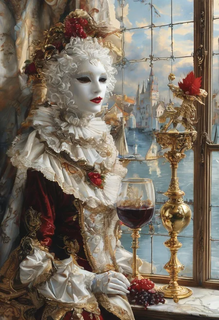 A still life in the style of 17th-century Dutch masters: Venetian mask with gilt edges and velvet texture, antique brass hourglass, crystal goblet filled with red wine, grapes with dewdrops. Dramatic Rembrandt-style lighting from a side window casting deep shadows. Through the window: a fantasy landscape — medieval castle with floating bridges and stained-glass towers, Baroque clouds (voluminous, illuminated by golden light), and a majestic dragon with iridescent scales soaring across the sky. Details: dust motes in light beams, cracked plaster walls, dragon's reflection in the goblet. Technique: oil painting with glazing layers, chiaroscuro contrast, hyperrealistic textures of aged wood and polished crystal.