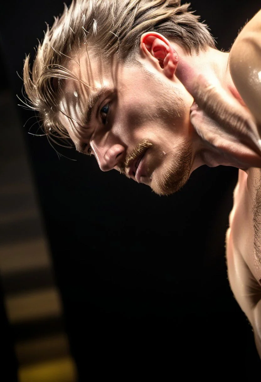 kyle ross, male focus, a handsome 19yo blonde twink, close up of face, close up of upper body, dynamic posture, dramatic angle, camera angle from below, shirtless, beard, trimmed beard, scruffy beard, hands on hip, black dog collar, black neck collar, long chain necklace, kinky,
skinny muscled, slender muscled, skinny, slender features, narrow shoulders, detailed armband tattoo, cute face, boyish face, perfect biceps, bicep veins, bulging veins, great pecs, thin waist, slender waist, v-taper, angular face, strong and powerful, sporty, predatory look, feathered hair, long hair, shoulder length hair, great detail, satisfaction, blue eyes, bubble butt, small ass, small butt, tight shorts,
(Masterpiece, high quality:1.3), masterpiece, depth of field, bokeh, detailed, homoerotic, (homoerotic), highly detailed, sharp focus, intricate, smooth, elegant, fantasy, cinematic lighting, cinematic, masterpiece, matte, photorealistic, 4k, beautiful, volumetric lighting, dramatic, photo-realistic, life-like, high detail, lighting, 8Knematic lighting, 8K, contrast lighting, contrasting lighting, cinematic lighting,