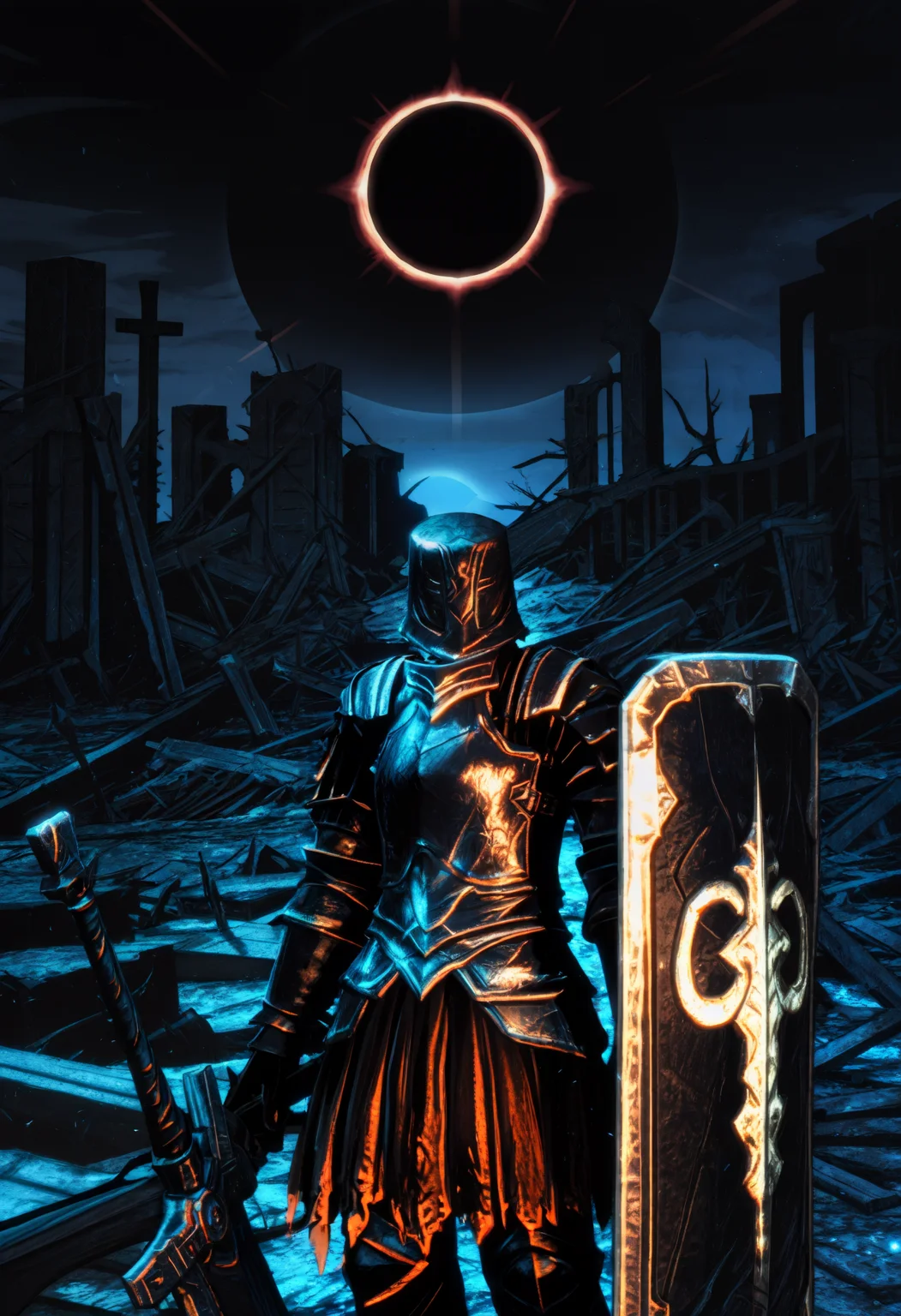 masterpiece, best quality, newest, absurdres, highres, outdoors, night, ambiguous gender, solo, dsbit, black helmet, black armor, black breastplate, black Pauldrons, black Cuirass, black Gauntlets, tunic under armor, black Greaves, black Greaves, holding sword, holding shield, cowboy shot, <lora:Black_Iron_Tarkus_Illustrious-000009:1> <lora:PSH_Epsilon:1> , fantasy, surreal landscape, dark theme, light particles, sunbeam, eclipse, ruins, wide shot, backlighting, solar eclipse, epic