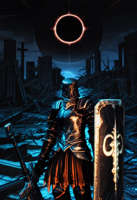 masterpiece, best quality, newest, absurdres, highres, outdoors, night, ambiguous gender, solo, dsbit, black helmet, black armor, black breastplate, black Pauldrons, black Cuirass, black Gauntlets, tunic under armor, black Greaves, black Greaves, holding sword, holding shield, cowboy shot, <lora:Black_Iron_Tarkus_Illustrious-000009:1> <lora:PSH_Epsilon:1> , fantasy, surreal landscape, dark theme, light particles, sunbeam, eclipse, ruins, wide shot, backlighting, solar eclipse, epic