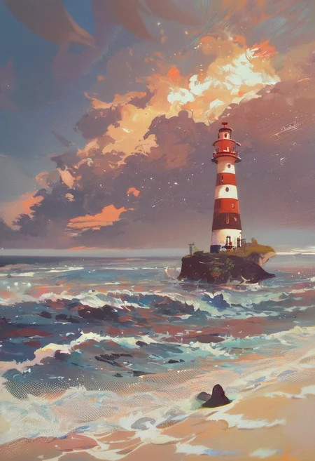 zPDXL, lighthouse, small rocky island, ocean waves, bright sunlight, studio ghibli, (score_9, score_8_up, score_7_up, score_6_up, score_5_up, score_4_up, high res, 4k)
