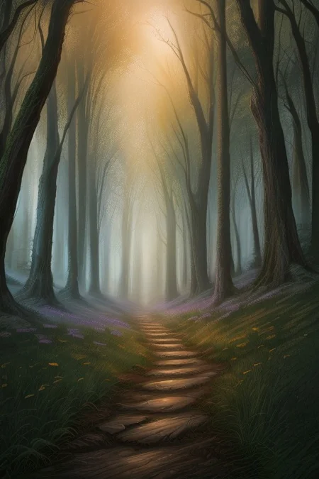 score_9, score_8_up, score_7_up, highly detailed, 
((detailed background, fantasy forest background, fog, glowing light, trees, grass, narrow path)), no people,