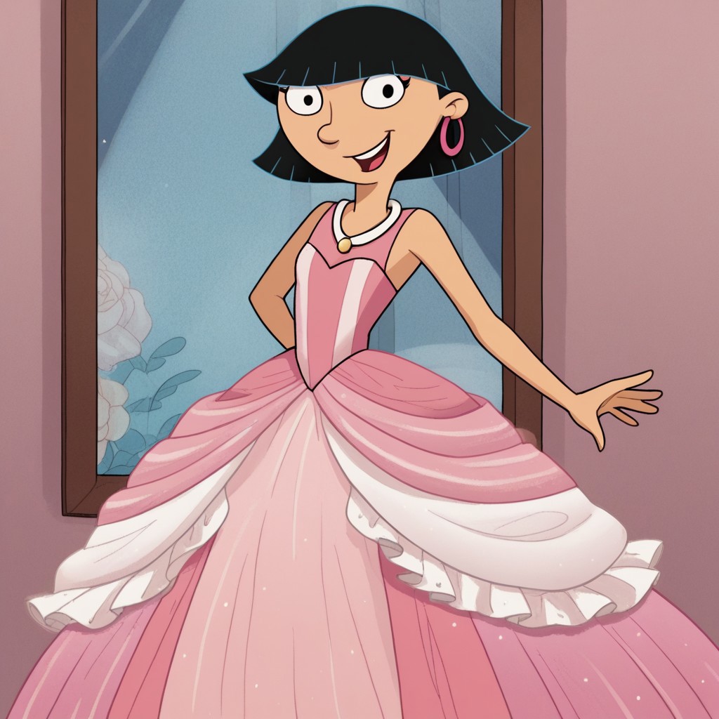 score_9_up,score_8_up,score_7_up,score_6_up,score_5_up,score_4_up BREAK rhonda,black hair, black eyes, bob cut, blunt bangs, very long large straight tulle pink princess ball gown hoop skirt, ball gown hoop skirt, pink princess dress, hoopdress, my big princess gypsy wedding dress, ballgown, a girl in a dress posing for a picture, wearing a sleeveless ballgown, looking at viewer and smiling,
