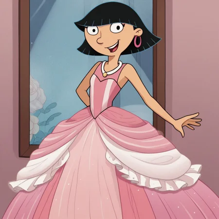score_9_up,score_8_up,score_7_up,score_6_up,score_5_up,score_4_up BREAK rhonda,black hair, black eyes, bob cut, blunt bangs, very long large straight tulle pink princess ball gown hoop skirt, ball gown hoop skirt, pink princess dress, hoopdress, my big princess gypsy wedding dress, ballgown, a girl in a dress posing for a picture, wearing a sleeveless ballgown, looking at viewer and smiling,