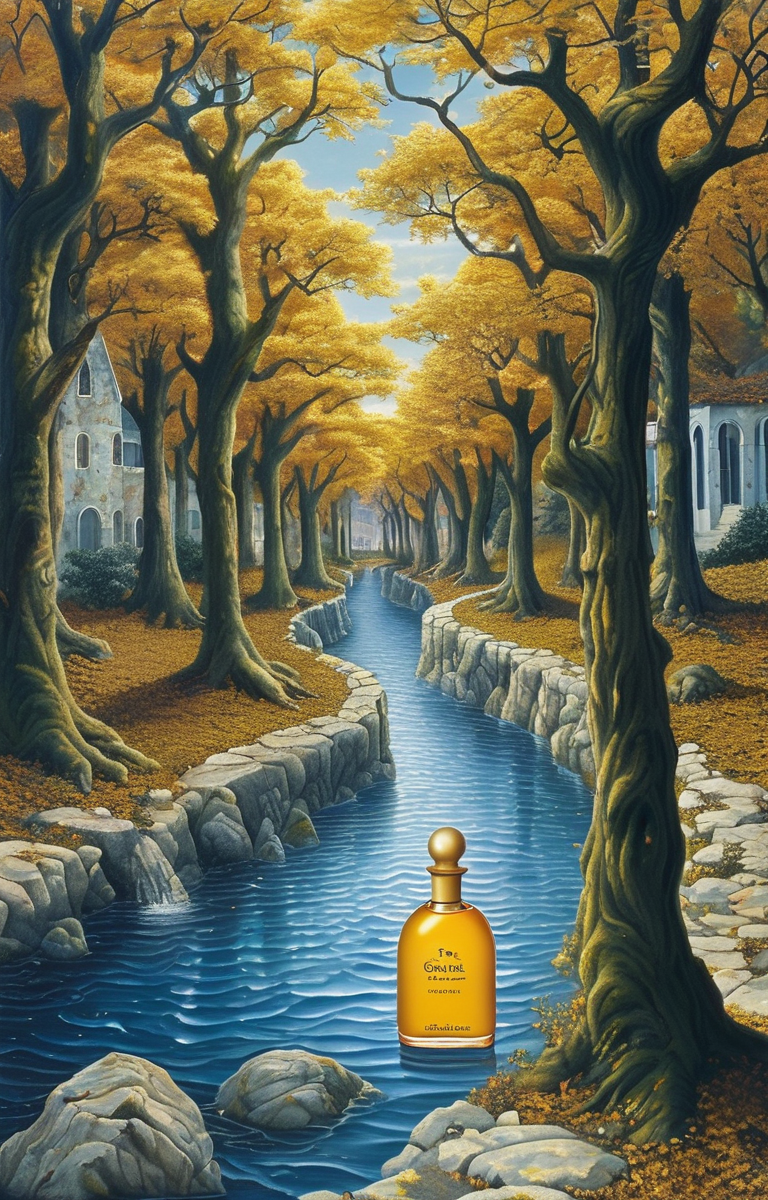 masterpiece,best quality,<lora:tbh277-sdxl:0.9>,illustration,style of Rob Gonsalves, A bottle of perfume in garden