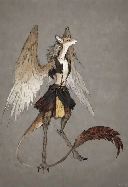 [creature name: Palagiri]
1 person, harpy, ((no arms, wings only)):1.6, androgynous, flat chest, no breasts, anthro, ((long hair)), ((long toes, nimble toes, handfeet)):1.4,, dynamic pose, detailed face, fully clothed, pelvic curtain skirt, feline features, feline nose, feline ears, ((thick tail, tapering tail, feather tipped tail)), harpy:1.2, large wings, digitigrade legs, rating: safe