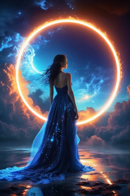 Dream Scenery,<lora:Dream Scenery XL:1>,Conceptual art,digital art,by Anne Bachelier,a glowing neon-colored circle,
A woman wearing a blue long dress with her hair up is standing in the background of a dark blue night sky. Her long dress is decorated with dots of stars,which seem to be the reflection of stars in the night sky. Mystery and romance,starry sky,universe and endless imagination space,realistic and abstract,dreamy and surrealistic,the use of colors is very unique. The dark blue background forms a harmonious unity with the female blue dress,but also highlights the female image,the embellishment of stars adds a hint of vitality and vitality to the picture,making the whole picture more vivid and interesting,unique creativity and exquisite painting,mysterious,romantic and surreal atmosphere,full of imagination,