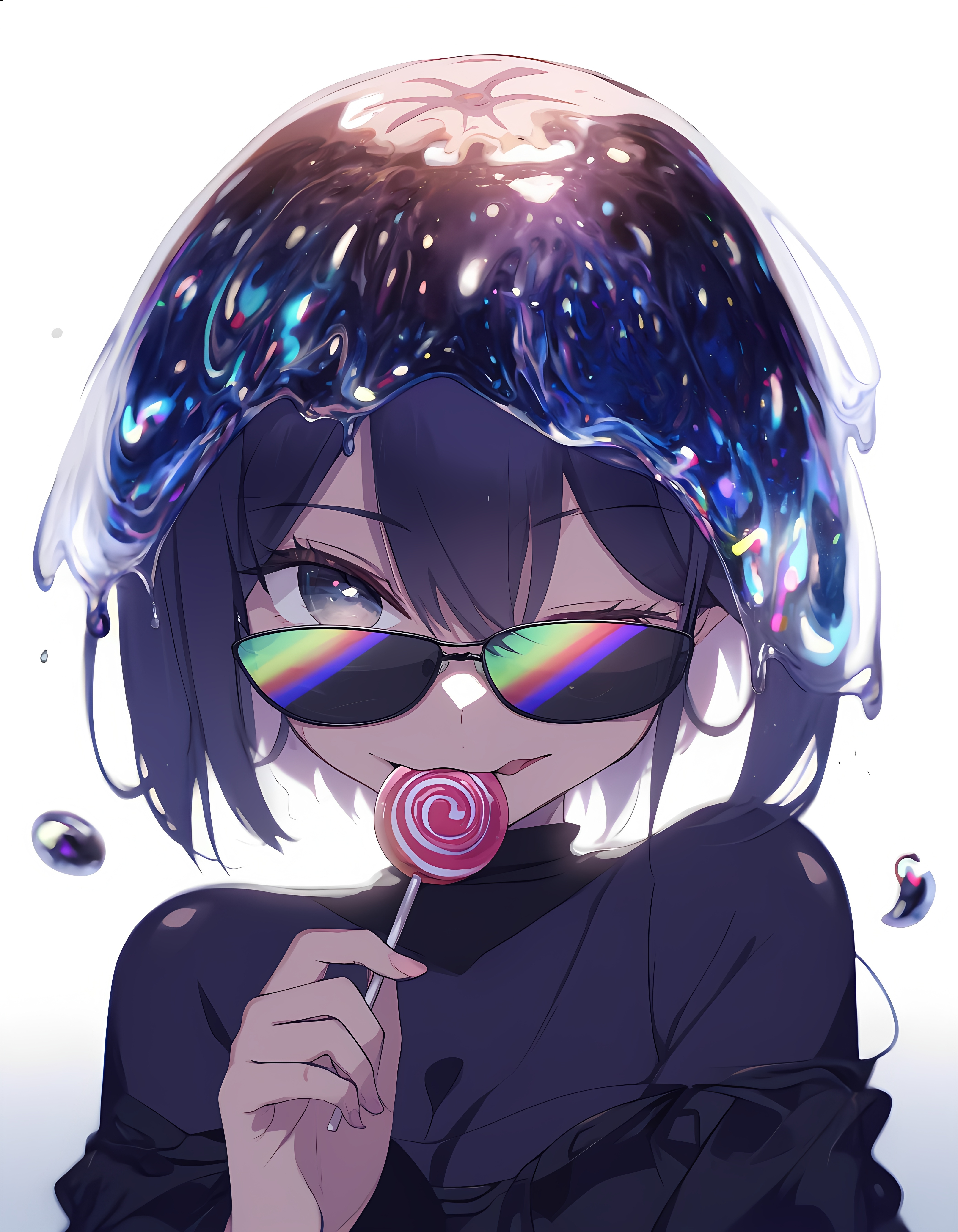 traditional media, anime screenshot, insanely detailed, beautiful, absurdres, sharpen, marker (medium), full body shot, puff of air, game (meme), like and retweet, split theme, female. atmospheric form shaped by transparent oxygen, eternal white background, 2.5D character, intense downward gaze, half-lidded eyes, taunting expression, licking lollipops."A transparent-faced character wearing eccentric, kaleidoscopic sunglasses, their face subtly blending into a liquid dreamscape of colors and lights."