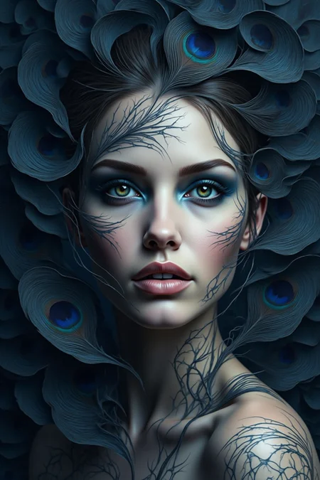 Create a portrait of a woman with fair skin. Her eyes are adorned with elegant blue eyeliner that matches the hues of the swirling pattern around her. The background consists of a complex, layered pattern in shades of dark blue sky, peacock feathers, enveloping her face and shoulder to create a stunning three-dimensional effect. The image is rich in detail, with a strong contrast between the subject's soft features and the sharp lines of the pattern. The entire composition conveys a sense of sophistication and depth.