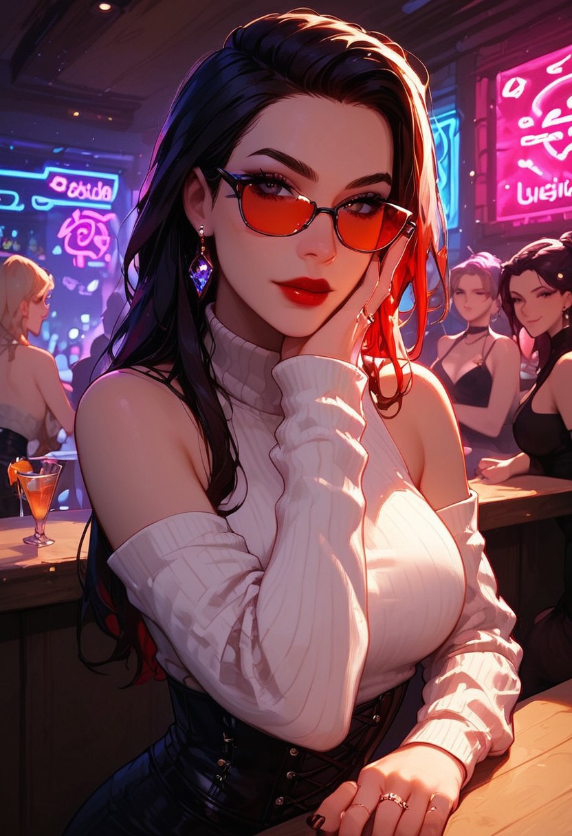 score_9,score_8_up,score_7_up,score_6_up,score_5_up, best_quality, ultra-detailed, masterpiece, close up, 
1girl, jewelry, glasses, earrings, corset, looking at viewer, red nails, ring, bare shoulders, red lips, tinted eyewear, ribbed sweater, sleeveless sweater, turtleneck, black nails, black skirt,
Break
In a night club, sitting at the bar, looking from across the counter, neon lights, dark interior, neon glow, shadows, dim lighting, low light, dark,