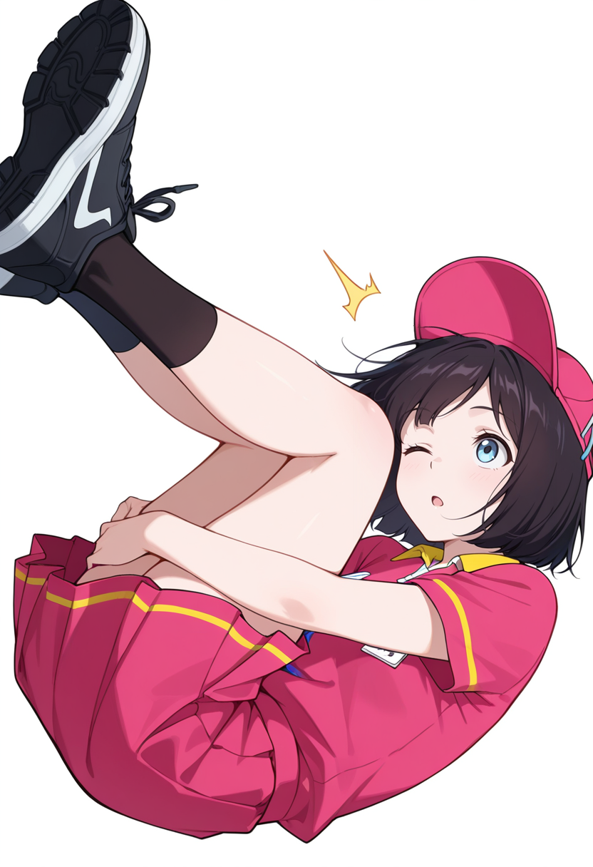 masterpiece,high quality details, absurdres,
 <lora:Sara_Takahashi:0.8> 
sara_cnr,1girl, black hair, bob cut,  short hair, bangs, blue eyes,
 sara_s1, employee uniform,pink shirt, short sleeves,pink skirt, hat,black socks,black sneakers,, simple background, white background, sideways,solo,, wince,surprised,, looking up,body curled sideways,determined expression,
