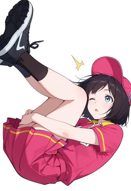 masterpiece,high quality details, absurdres,
 <lora:Sara_Takahashi:0.8> 
sara_cnr,1girl, black hair, bob cut,  short hair, bangs, blue eyes,
 sara_s1, employee uniform,pink shirt, short sleeves,pink skirt, hat,black socks,black sneakers,, simple background, white background, sideways,solo,, wince,surprised,, looking up,body curled sideways,determined expression,
