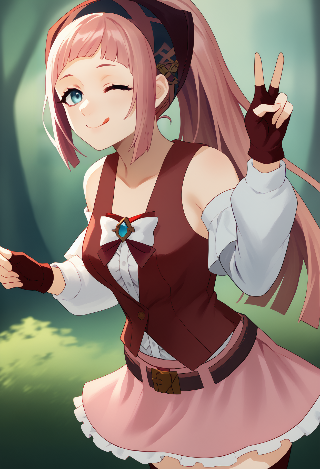 score_9, score_7_up, <break> solo, 1girl, flcpcnc, smile, closed mouth, tongue out, looking at you, standing, peace sign, blue eyes, one eye closed, pink hair, long hair, ponytail, blunt bangs, bandana, breasts, white bow, red vest, detached sleeves, long sleeves, white sleeves, bare shoulders, fingerless gloves, red gloves, belt, pink skirt, red thighhighs, outdoors, forest
 <segment:yolo-face_yolov8m.pt,0.4,0.5//cid=1>