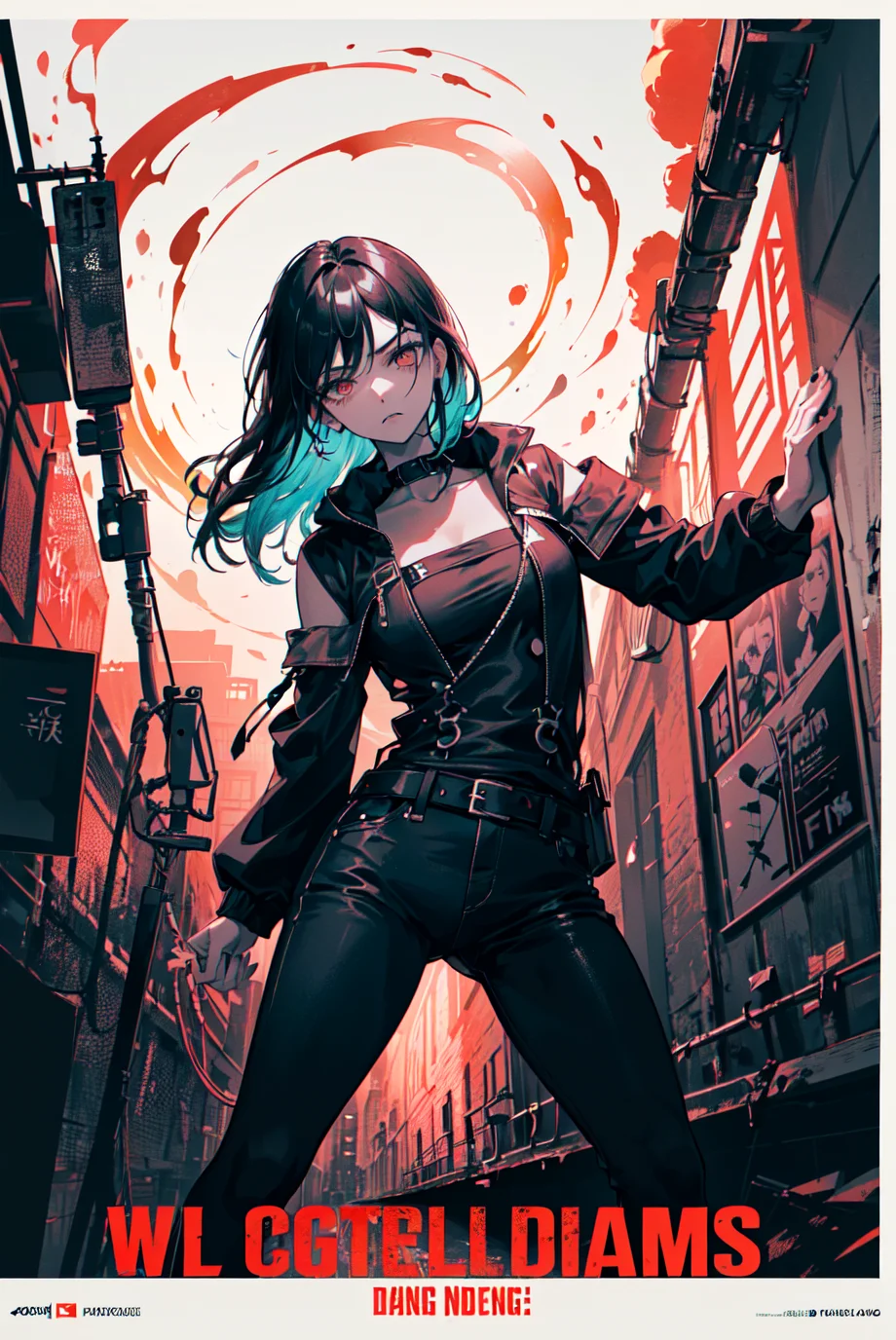 ((((dramatic))), (((gritty))), (((intense))) film poster featuring a young woman as the central character. She stands confidently in the center of the poster, wearing a stylish and edgy outfit, with a determined expression on her face. The background is dark and gritty, with a sense of danger and intensity. The text is bold and attention-grabbing, with a catchy tagline that adds to the overall feeling of drama and excitement. The color palette is mainly dark with splashes of vibrant colors, giving the poster a dynamic and visually striking appearance,tachi-e