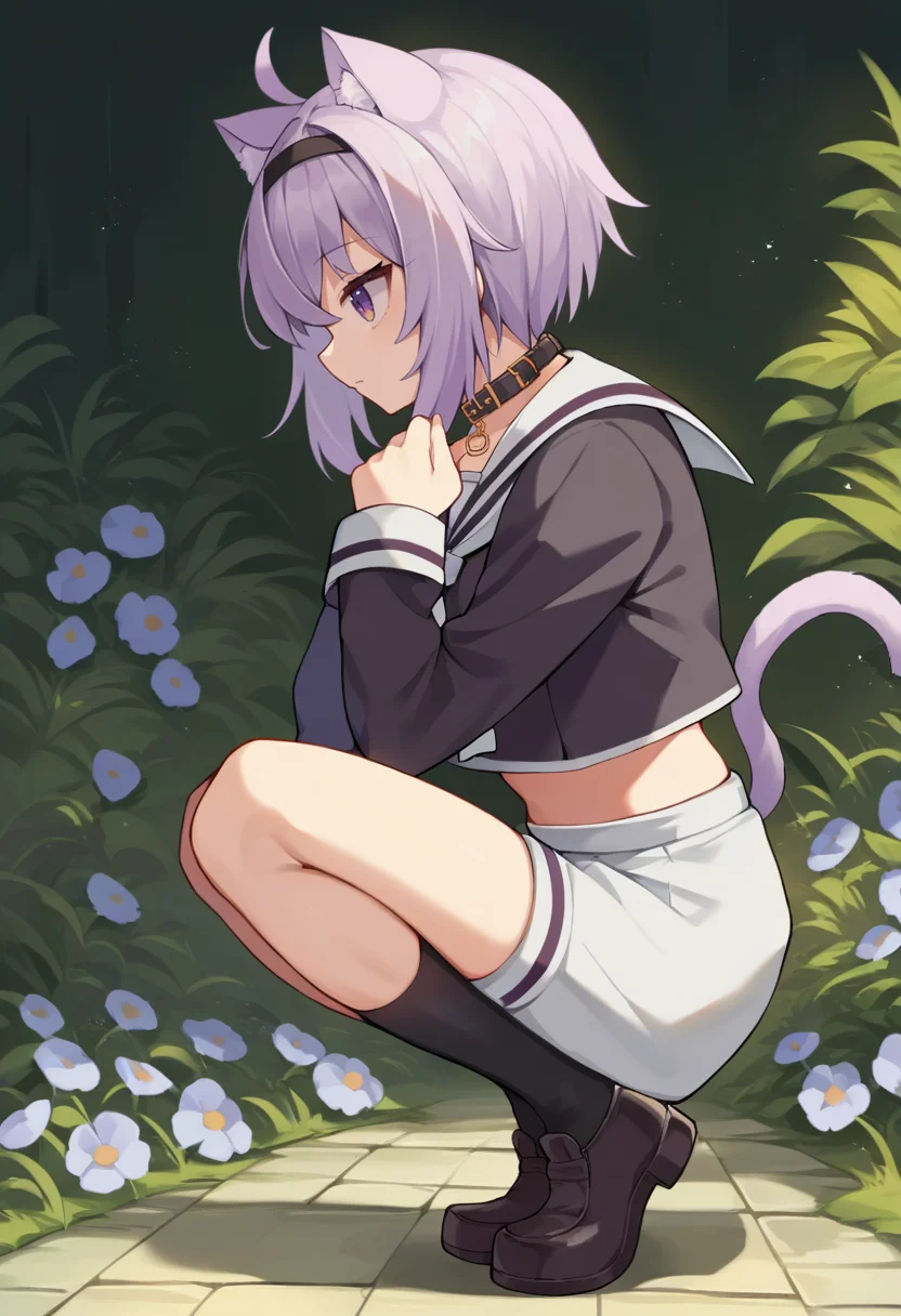 score_9, score_6_up, source_anime, 1girl, solo, full body, squatting, from side, flower, okayu_school, black shirt, serafuku, long sleeves, midriff, white shorts, black hairband, animal collar, cat tail, ahoge <lora:nekomata_okayu_sdxl_pony:1>