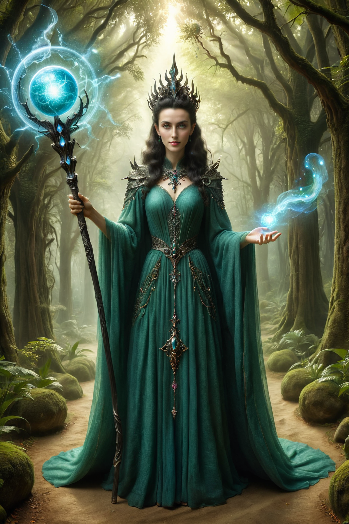 by Chiho Aoshima and Cyril Rolandoin the style of Leonora Carrington,   holding a staff, orbstaff <lora:orbstaff:0.60>  ,  <lora:EnvySeedPaintXL02:1.00>   <lora:more_art:0.30> <lora:RMSDXL_Enhance:0.45> <lora:RMSDXL_Creative:0.45> <lora:RMSDXL_Photo:0.45> <lora:RMSDXL_Darkness_Cinema:0.45> <lora:clothing_slider:0.00> <lora:great_lighting:1.00> <lora:aesthetic:1.00> <lora:looking_at_viewer:1.00> <lora:photorealistic_portrait_v2:0.25> <lora:attractive_v2:0.10> <lora:extremely_detailed_v2:0.25> <lora:add_detail:0.75> <lora:perfect_eyes:0.25> <lora:perfect_hands:0.50>