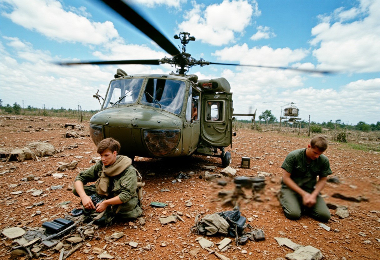 A Vietnam War scene unfolds on a dusty clearing under a glaring midday sun. Two American soldiers crouch amid scattered debris—metal shards, broken foliage, discarded rifle magazines. Their sweat-stained fatigues cling in the humid air. One kneels, reassembling black steel rifle parts and adjusting worn canvas straps on a field pack. The other sits hunched, gripping what seems like a helicopter rotor blade, head bowed, shoulders slumped with exhaustion.
Overhead, a UH-1 “Huey” hovers just meters above the ground, rotor wash stirring dust and dried leaves. Its chipped olive paint speaks of harsh conditions. A cable dangles, suggesting a supply transfer. Another chopper rests behind, tail boom angled, rotors still. The surroundings are barren: tangled roots, charred stumps, pale grass under a hazy blue sky flecked with uneven white clouds.
Captured on 35mm film at about a 35–50mm focal length, the image shows natural daylight tones, moderate contrast, and slight grain. The low camera angle places the viewer at ground level, heightening the gritty tension of this war-torn moment.DRK, aidmaimageupgrader