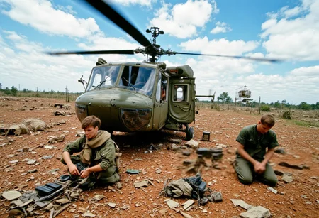 A Vietnam War scene unfolds on a dusty clearing under a glaring midday sun. Two American soldiers crouch amid scattered debris—metal shards, broken foliage, discarded rifle magazines. Their sweat-stained fatigues cling in the humid air. One kneels, reassembling black steel rifle parts and adjusting worn canvas straps on a field pack. The other sits hunched, gripping what seems like a helicopter rotor blade, head bowed, shoulders slumped with exhaustion.
Overhead, a UH-1 “Huey” hovers just meters above the ground, rotor wash stirring dust and dried leaves. Its chipped olive paint speaks of harsh conditions. A cable dangles, suggesting a supply transfer. Another chopper rests behind, tail boom angled, rotors still. The surroundings are barren: tangled roots, charred stumps, pale grass under a hazy blue sky flecked with uneven white clouds.
Captured on 35mm film at about a 35–50mm focal length, the image shows natural daylight tones, moderate contrast, and slight grain. The low camera angle places the viewer at ground level, heightening the gritty tension of this war-torn moment.DRK, aidmaimageupgrader