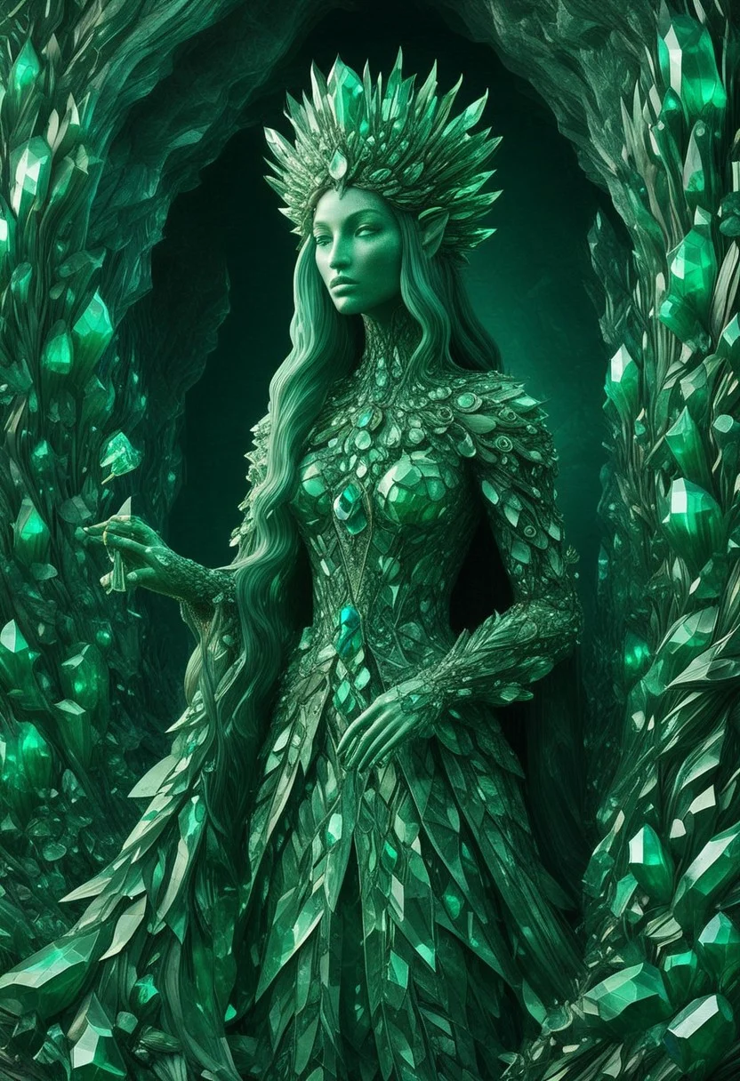 emeraldmorph, an elf queen sculpture, with long hair, low poly style, green emerald face, a crown made of emerald, no breasts, emerald clothing, a base, reflections, symmetrical, sharp edges, detailed, good composition, 3d sculpture, high detail, glowing against a emerald cave background