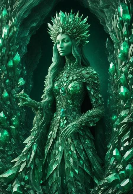 emeraldmorph, an elf queen sculpture, with long hair, low poly style, green emerald face, a crown made of emerald, no breasts, emerald clothing, a base, reflections, symmetrical, sharp edges, detailed, good composition, 3d sculpture, high detail, glowing against a emerald cave background
