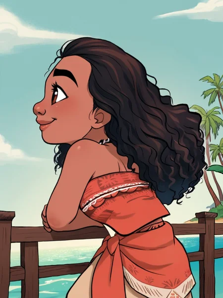 score_9, score_8_up, score_7_up, moana, a cartoon of a woman with a necklace, 1girl, solo, long hair, smile, black hair, bare shoulders, brown eyes, jewelry, closed mouth, dark-skinned female, lips, strapless, profile, curly hair, very dark skin,    <lora:princesscomic_pony_v1:0.95>