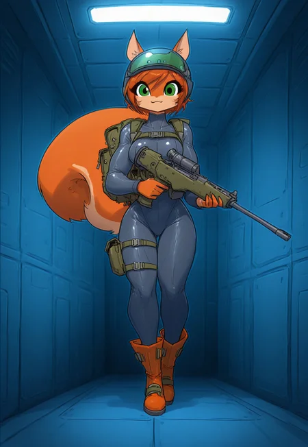 jjco, masterpiece, best quality, newest, absurdres, highres, vibrant, highly detailed, very aesthetic, pinup, sexy, 1girl, squirrel-girl, Scarlet, :3, green eyes, animal ears, furry female, fluffy squirrel tail, pilot helmet, skin-tight spatial uniform, chest rig, backpack, holster, thighigh boots, holding futuristic rifle, posing, indoors, corridor, dark, neon, futuristic, spaceship background