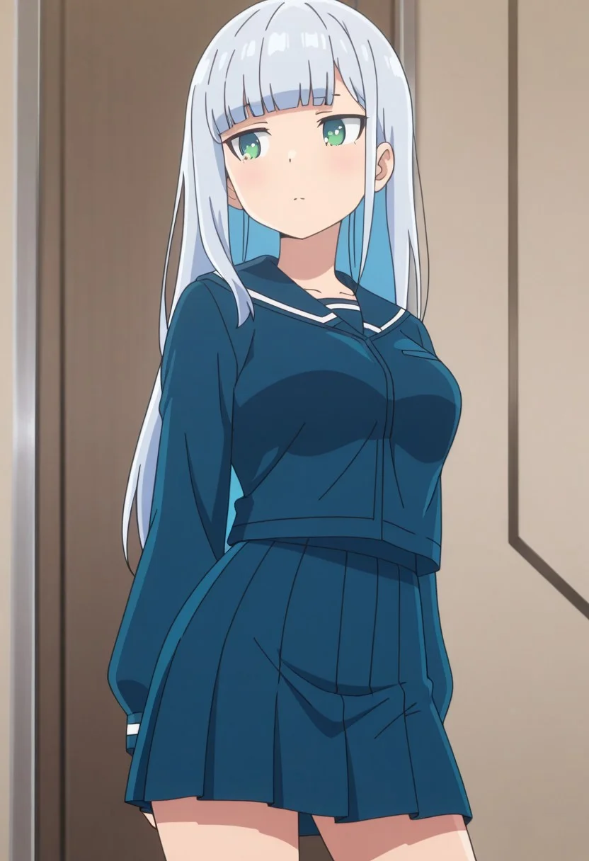 Masterpiece , best quality , amazing quality , anime screencap , ahareneru , a girl , 1girl , long hair , blunt bangs , grey hair, green eyes, sidelocks, blue hair , blue serafuku , medium breasts , blue shirt , blue skirt , cowboy shot , contrapposto
