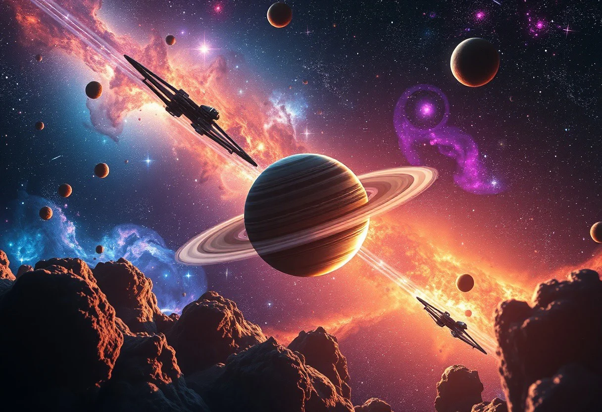Ultra realism, high quality, high resolution 8K and above, stable and accurate focus, ultra correct anatomy, super detail. A cosmic landscape of brightly lit galaxies and nebulae studded with stars that sparkle like diamonds. In the center of the image, a huge planet with rings that stretch wide into space. Numerous planets with different colors and textures are visible in the sky, creating a fascinating and exotic atmosphere. Spaceships pass through the scene, leaving trails of light in their wake. Light from distant stars illuminates the scene, lending a sense of depth and mystery.
Colors: Bright, vibrant colors like blue, purple, orange and green.
Objects: Galaxies, nebulae, stars, planets, rings around planets, spaceships.
Atmosphere: Majestic, mystical, captivating.
Styles: Realistic, Sci-Fi.
Additional elements: Light effects, comets, asteroids, distant light rays, galactic spirals.