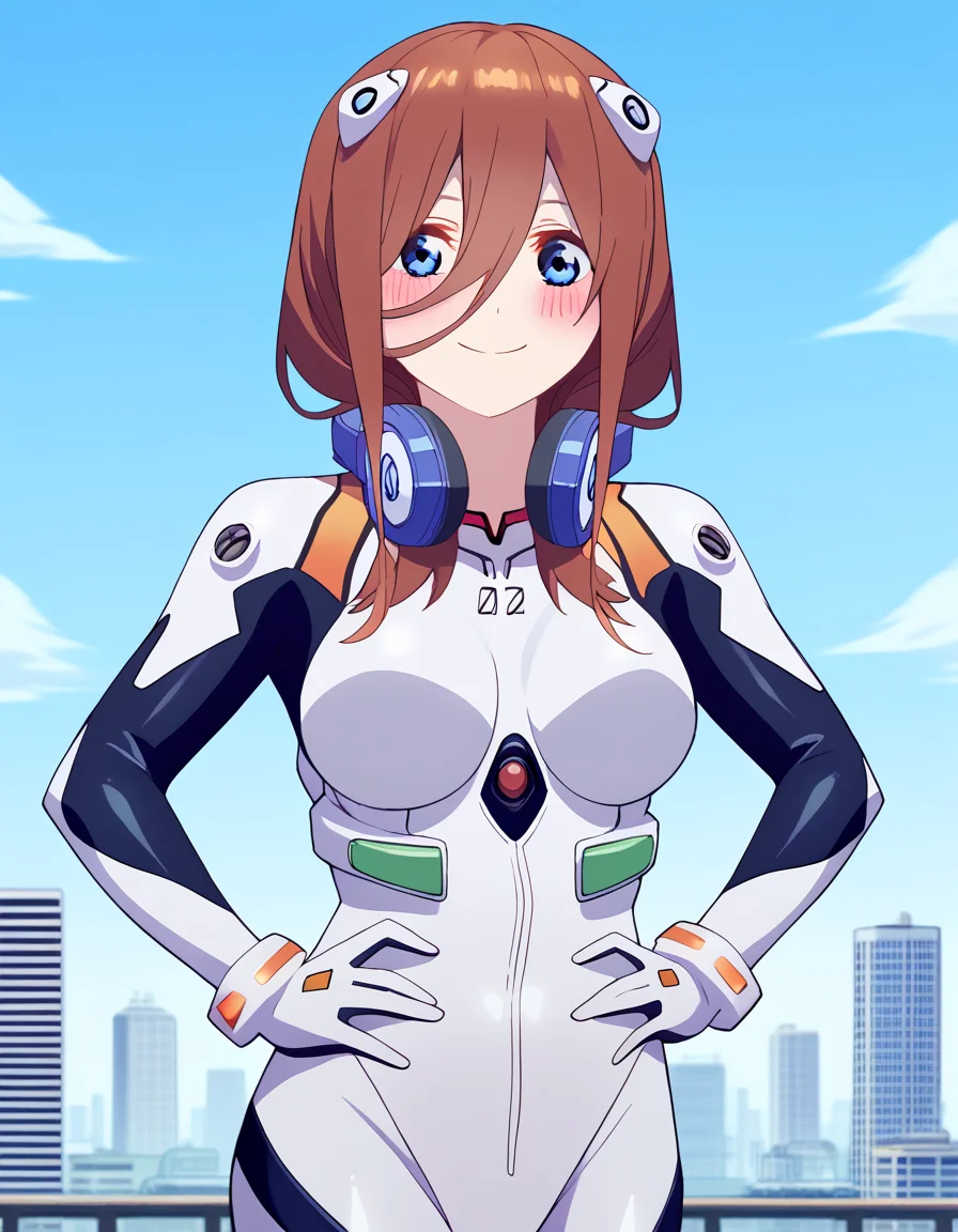 score_9, score_8_up, score_7_up, source_anime, mikunakano, <lora:miku-nakano-s2-ponyxl-lora-nochekaiser:1>, miku nakano, long hair, bangs, blue eyes, brown hair, hair between eyes, headphones, headphones around neck, large breasts,, <lora:rei-ayanami-cosplay-ponyxl-lora-nochekaiser:1>, reiayanamicosplay, ayanami rei \(cosplay\), bodysuit, headgear, plugsuit, white bodysuit,, outdoors, cityscape, smile, blush, hands on hips,, cowboy shot, dutch angle, solo,