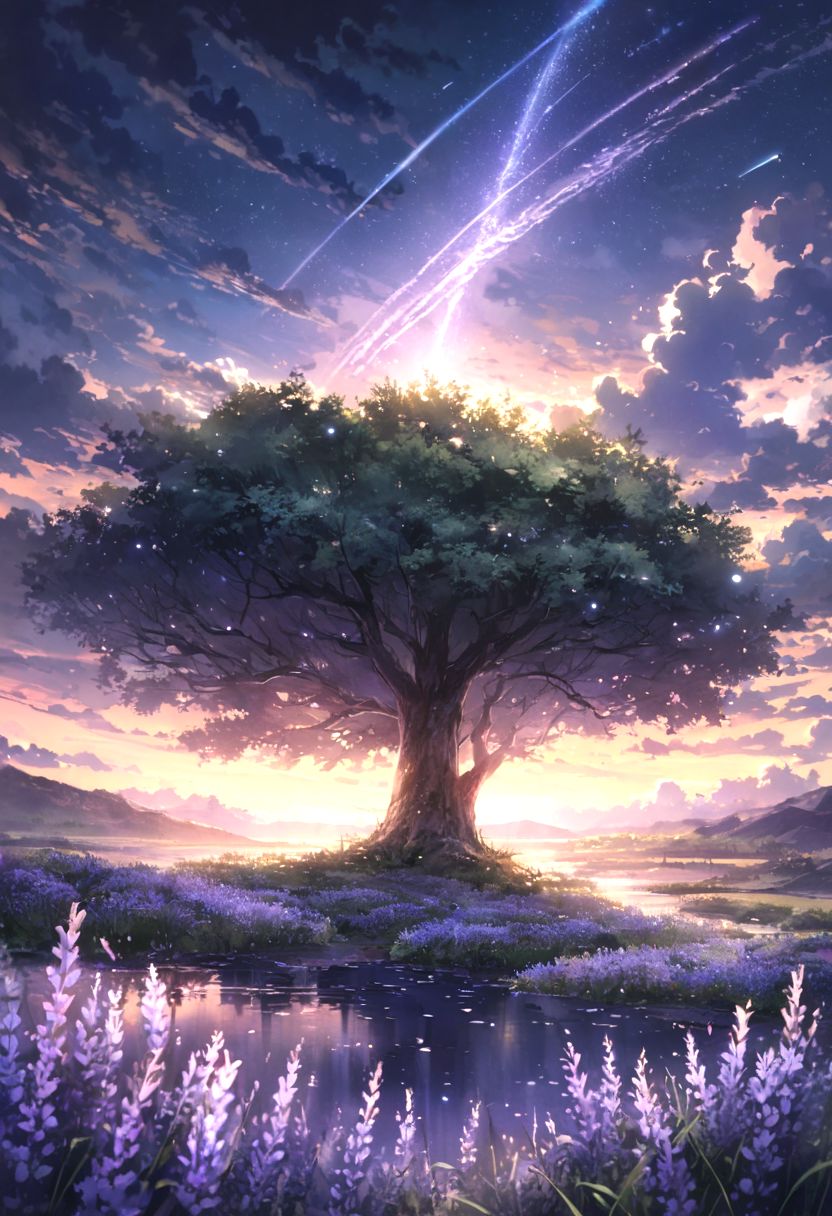 detailed background,( Calm spring night landscape), amongst lush greenery, beautiful view, lavender in full bloom, lavender, early morning, sunrise sky, beautiful clouds, dappled sunlight, beautiful detailed stars, shooting stars, Tranquil Lake, petals dancing in the wind, depth of field, masterpiece, best quality, ultra-detailed, very aesthetic, illustration, perfect composition, intricate details, absurdres, moody lighting, wisps of light, no humans,