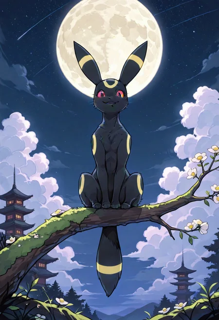 masterpiece, best quality, amazing quality
,solo, yellow_eyes, flower, outdoors, sky, cloud, tree, no_humans, night, , animal, facial_mark, moon, cat, star_\sky\, night_sky, full_moon, starry_sky, animal_focus, architecture, black_cat, east_asian_architecture, whiskers, black_fur, huge_moon,A digital illustration shoot from a front camera angle about a cute umbreon sitting on a moss-covered branch under a large full moon, surrounded by a fantasy setting with tall pagodas and flowers. on the middle of the image, a 1girl, who appears to be a cat, is sitting, looking at the viewer with large, expressive brown eyes. the cat has black fur with yellow stripes, and its ears are perked up, giving it a curious expression. it is positioned on the branch, with its body facing the viewer, giving a clear view of its full body. in the background, a full moon is visible, with stars twinkling in the night sky, and fluffy white clouds are visible, adding to the magical atmosphere of the scene. the overall style is whimsical and fantastical, with a focus on the cat's curious expression and the intricate details of its markings on its body.
solo, smile, brown eyes, flower, outdoors, sky, day, cloud, no humans, animal, night, animal focus, star \sky\, moon, cat, full moon