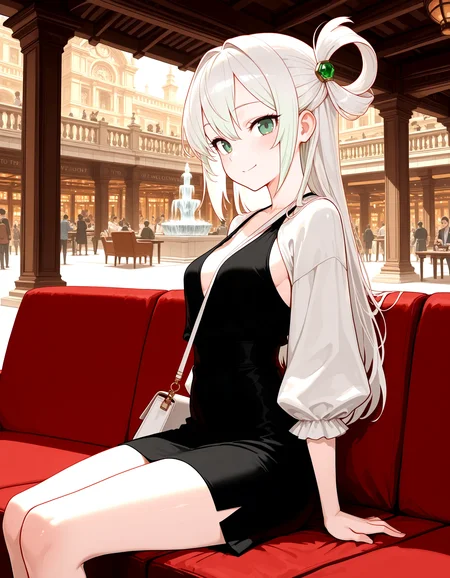 (1girl),solo,
Smooth Quality,Best quality,masterpiece,sharp focus, very aesthetic,perfect anatomy,
(legs out of frame,cowboy Shot,focus girl,close-up girl face:1.2),looking at viewer,single hair ring,medium white hair,emerald green eyes,(happy,fun:1),black one-piece skirt,white puffsleeve,one sling bag BREAK
(The girl is sitting on the sofa in the lobby, waiting for the concierge:1.2),indoor,public,warm light,small bridge, (stairs:0.5),(connecting corridor),(Tourists,guests\Crowd),counter,Fountain,from side,
Welcome to the divine retreat and commercial complex, where gods themselves would find solace. a sanctuary of luxury.<lora:Serene_Journeys_BG:0.5> , sjbg <lora:Smooth_Lighting_Enhancer:1> <lora:crowd_notrigger:0.5>