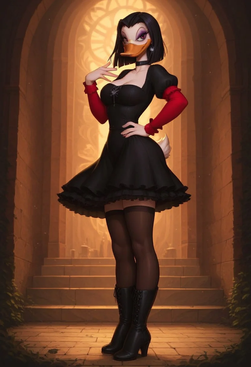 score_7, score_8, score_9, dynamic lighting, detailed background, background is forest, dark, night time, winter, ((close up)), cowboy shot, shot from side
BREAK
Solo, 1girl, ((anthropomorphic)), Magica De Spell, furry female, purple eyeshadow, black hair, black dress, short hair, duck, red sleeve frills, long sleeves, white skin, (gothic), very slender waist, very narrow waist, slender hips, medium breasts, heavy breasts, long torso, long legs, curvy legs, hourglass figure, toned body, fit body,
BREAK
standing, throne, standing in front of throne, medieval gown, medieval dress, black bodice, black gown, holding goblet, looking at viewer, low cut top, black heel boots, thigh highs, black choker with skull, silver earrings, cleavage, hand on hip, evil smile