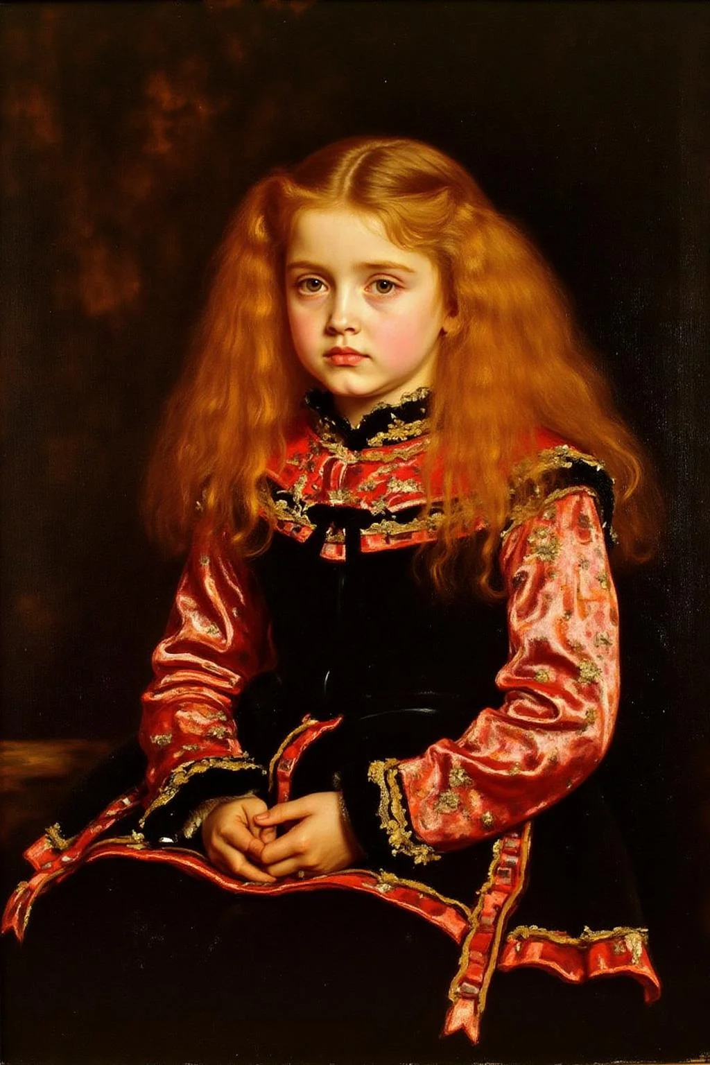 jem1 painting. 
A young girl with long, voluminous, curly auburn hair cascading down her shoulders. She has a serious, contemplative expression. She is dressed in an elaborate, historical period costume. Her dress is a rich, dark red velvet with intricate gold embroidery along the neckline and sleeves, which are adorned with black trim. <lora:jem1_cap_d6a3:1.0><lora:822892266495453444:0>