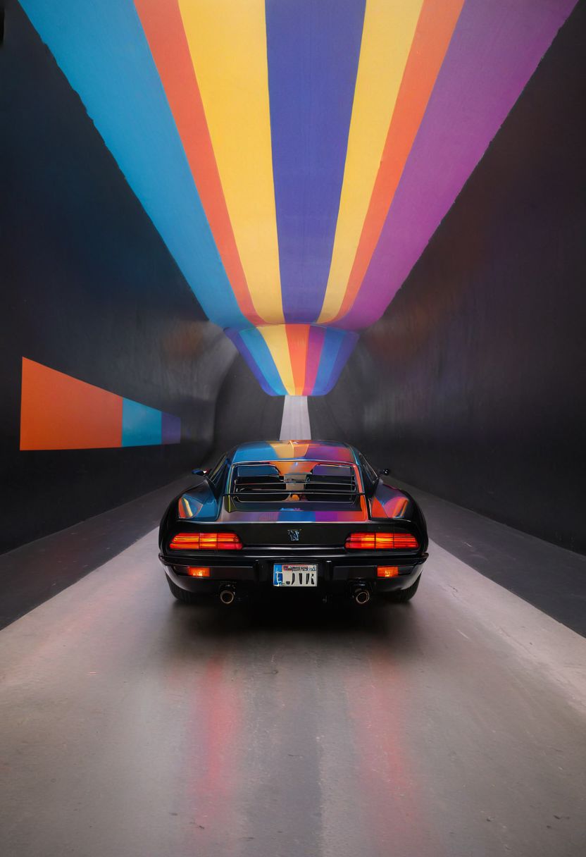Made of bold lines, vertical lines, 3d deep depth effect, Stretching shadows, Flying hovering Car, a Vintage hovering super car, Hovering_Car, A road stretches behind her head, colorful depth of lenticular, bold lines async, deep blacks,