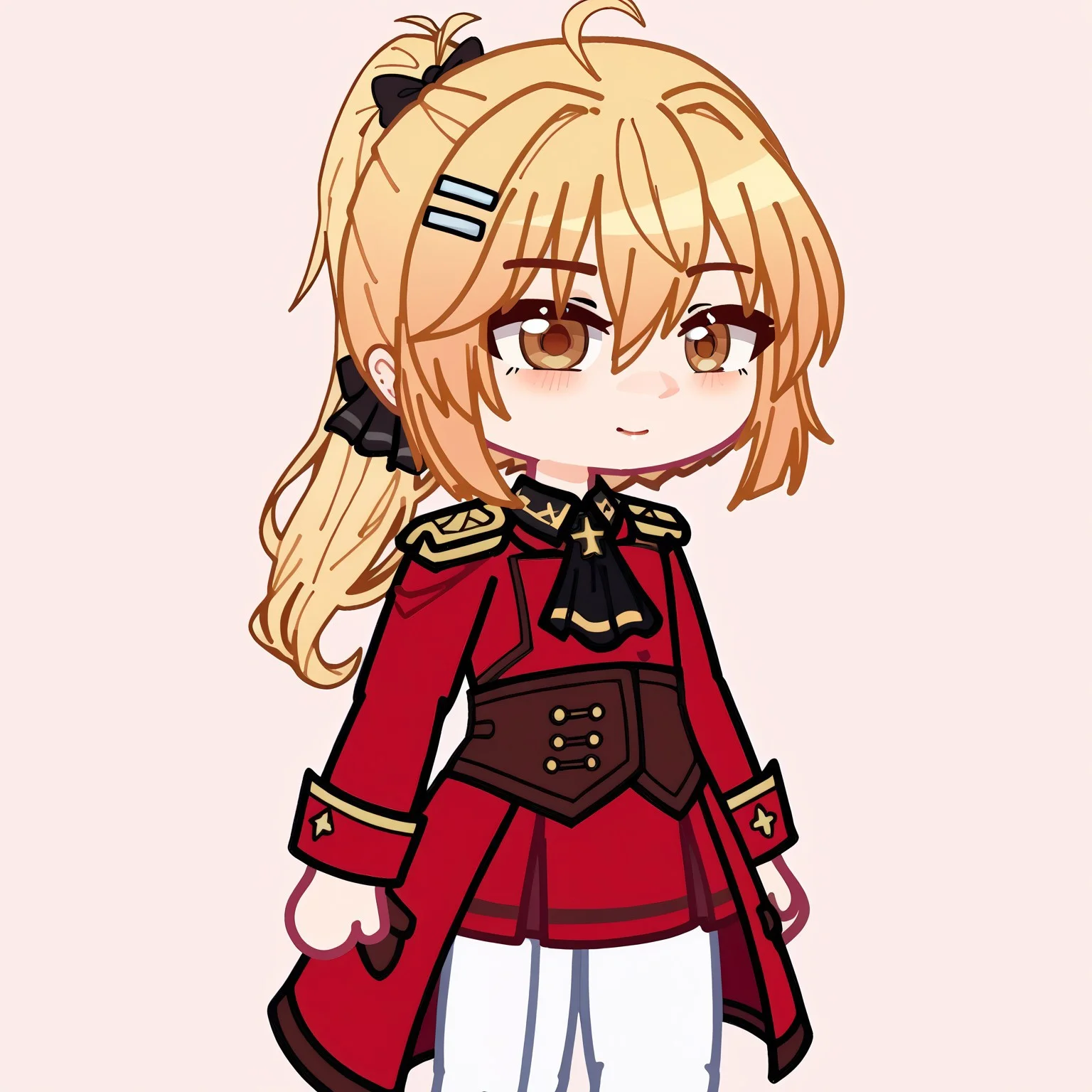score_9, score_8_up, score_7_up, score_6_up,1girl, solo,  liscia, blonde hair, low ponytail, brown eyes, hairclip, hair bow, black ascot, red coat, epaulettes, long sleeves, military uniform, red skirt, white pants, gacha, chibi, face close up