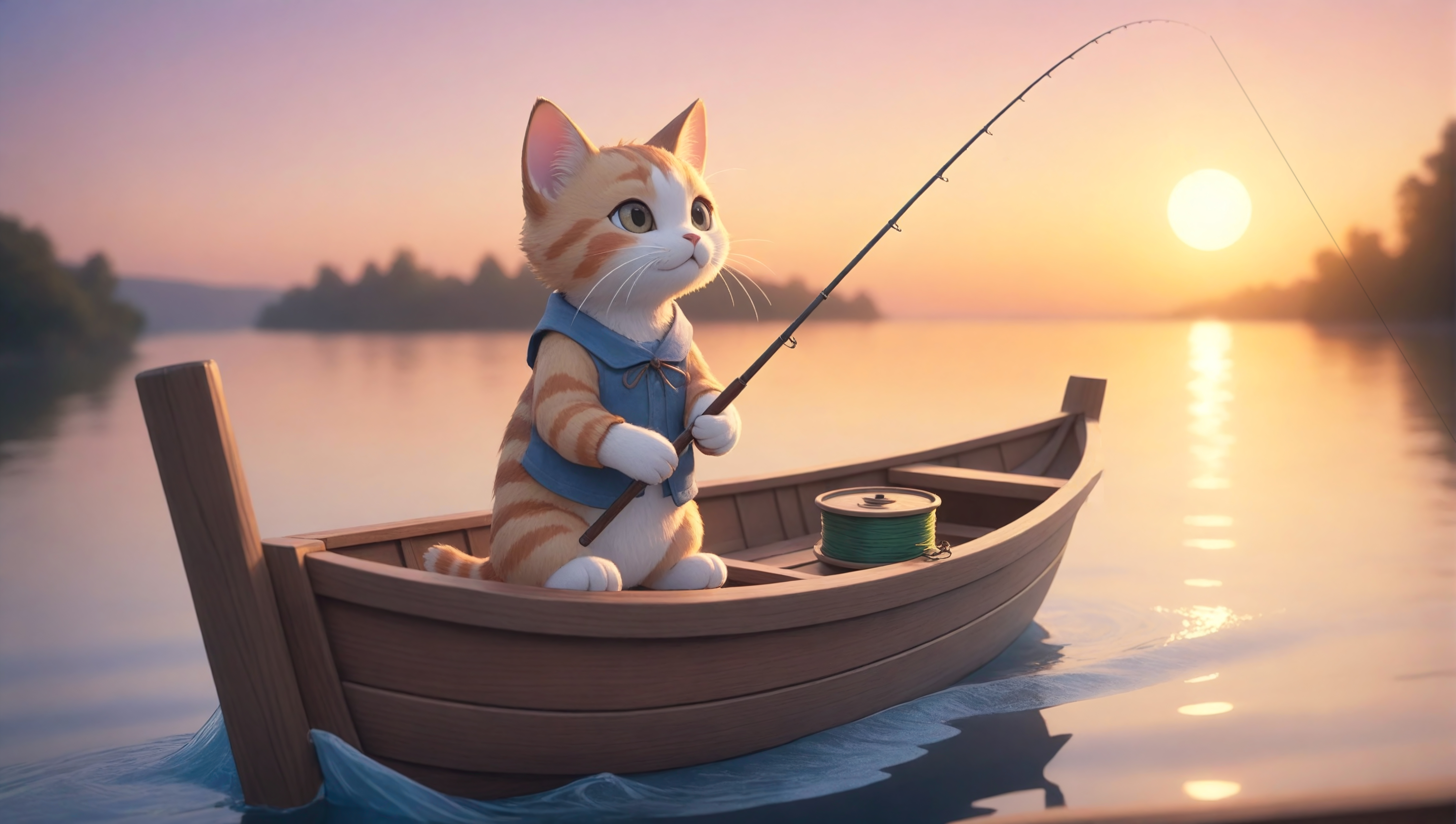 Fairy tale a [boy:cat:0.3] fishing on a boat, sunset, looking away, looking at water, sun under the ark of the fishing rod, exited, reel, <lora:LCM_LoRA_Weights:0.7> . Magical, fantastical, enchanting, storybook style, highly detailed