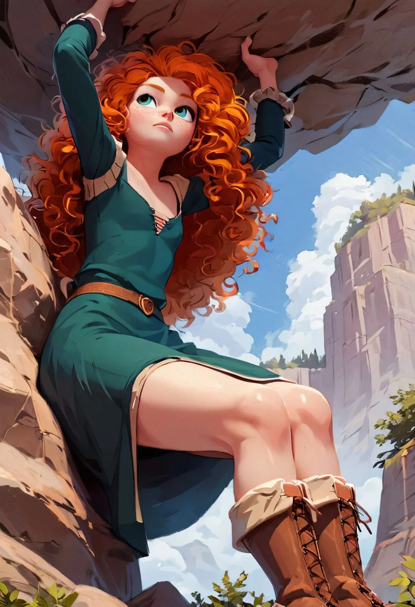 score_9, score_8_up, score_7_up, score_6_up, score_5_up, 1girl, climbing, small breasts, <lora:MeridaBraveXLP_Character:1.0> MeridaXLP, freckles, wavy hair, <lora:KakkoiiPony:0.2> woman, 1girl, <lora:1dkXLP:0.2> 1dk, outdoors, cliff, rock climbing, green dress, long sleeves, long skirt, cleavage, from below, windy, boots, dynamic pose, sfw