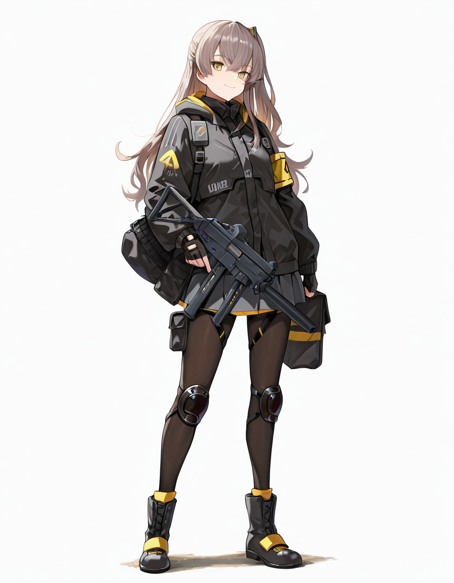 Volumetric Lighting, (masterpiece), (best quality), (ultra-detailed), masterpiece, source_anime, score_9, score_8_up, score_7_up BREAK, illustration, disheveled hair, detailed eyes, perfect composition, moist skin, intricate details, detailed eyes, detailed face, detailed fingers BREAK, UMP45, brown hair, long hair, one side up, yellow eyes, scar across eye BREAK, WinterJourney, one side up, WJ_hair_ornament, WJ_thigh_straps, WJ_jacket, WJ_skirt, WJ_pantyhose, WJ_armband, WJ_boots, WJ_knee_pads BREAK, ((white background)), looking at viewer, smile, closed mouth, standing, shadow, holding, bag, holding weapon, gun, holding gun, submachine gun, h&k ump